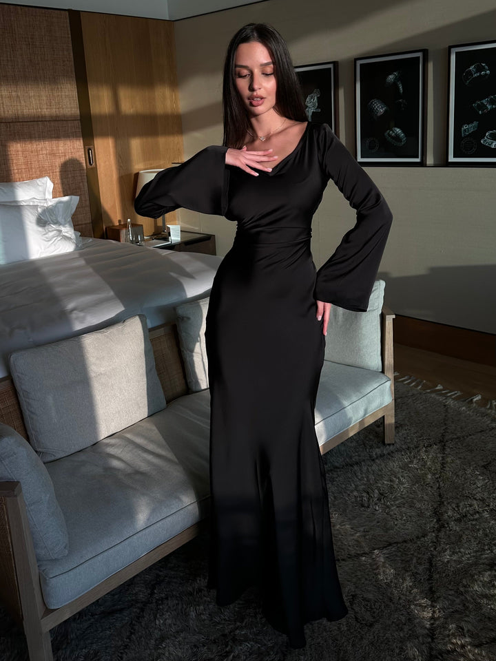 Damen Maxikleid mit Langen Glockenärmeln Rundhalsausschnitt und Bindegürtel am Rücken