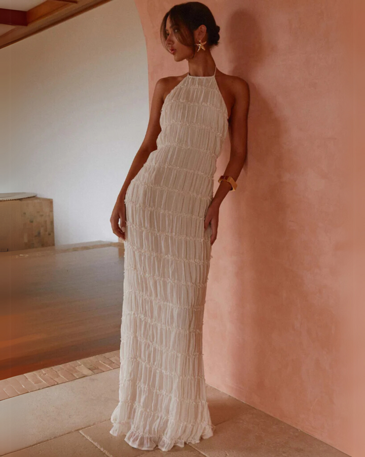 Damen Maxikleid mit Nackenbindung Offenem Rücken und Strukturierter Oberfläche