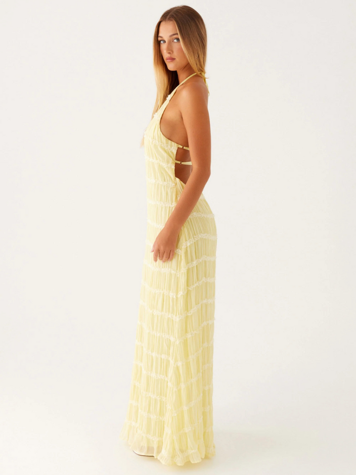 Damen Maxikleid mit Nackenbindung Offenem Rücken und Strukturierter Oberfläche