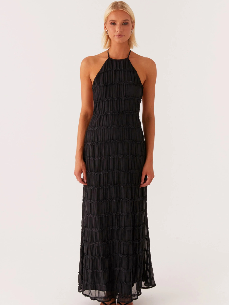 Damen Maxikleid mit Nackenbindung Offenem Rücken und Strukturierter Oberfläche