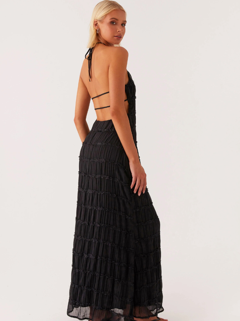 Damen Maxikleid mit Nackenbindung Offenem Rücken und Strukturierter Oberfläche