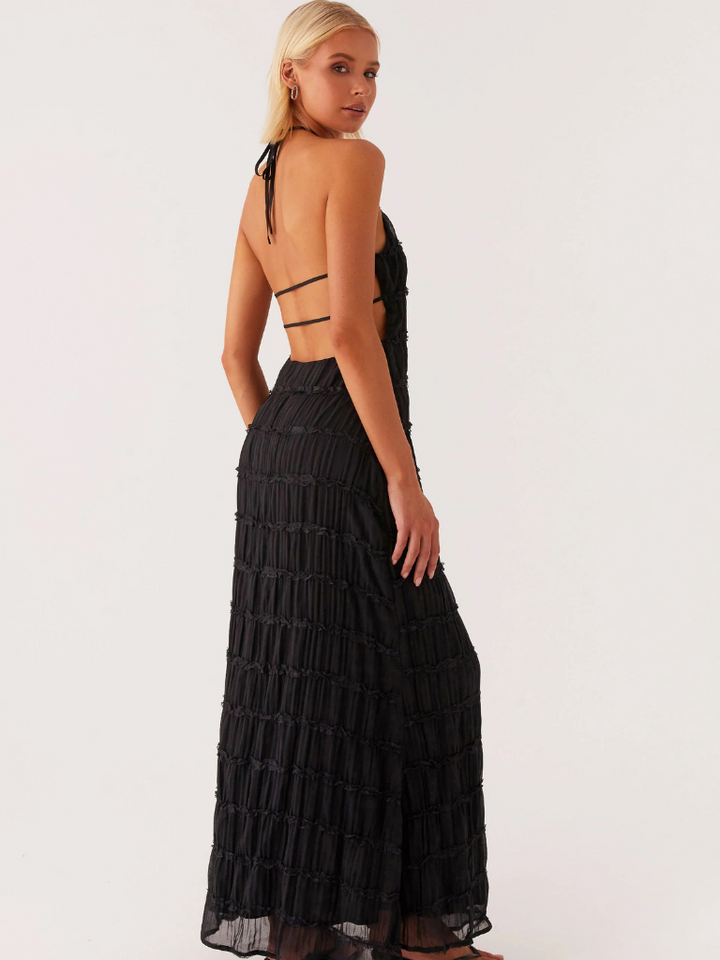 Damen Maxikleid mit Nackenbindung Offenem Rücken und Strukturierter Oberfläche