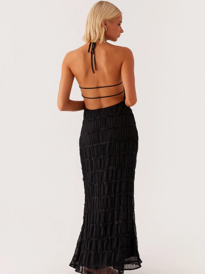 Damen Maxikleid mit Nackenbindung Offenem Rücken und Strukturierter Oberfläche