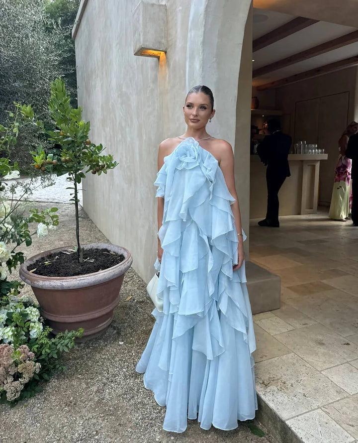 Damen Maxikleid mit Nackenträgern Blütenapplikation und mehrlagigen Volants
