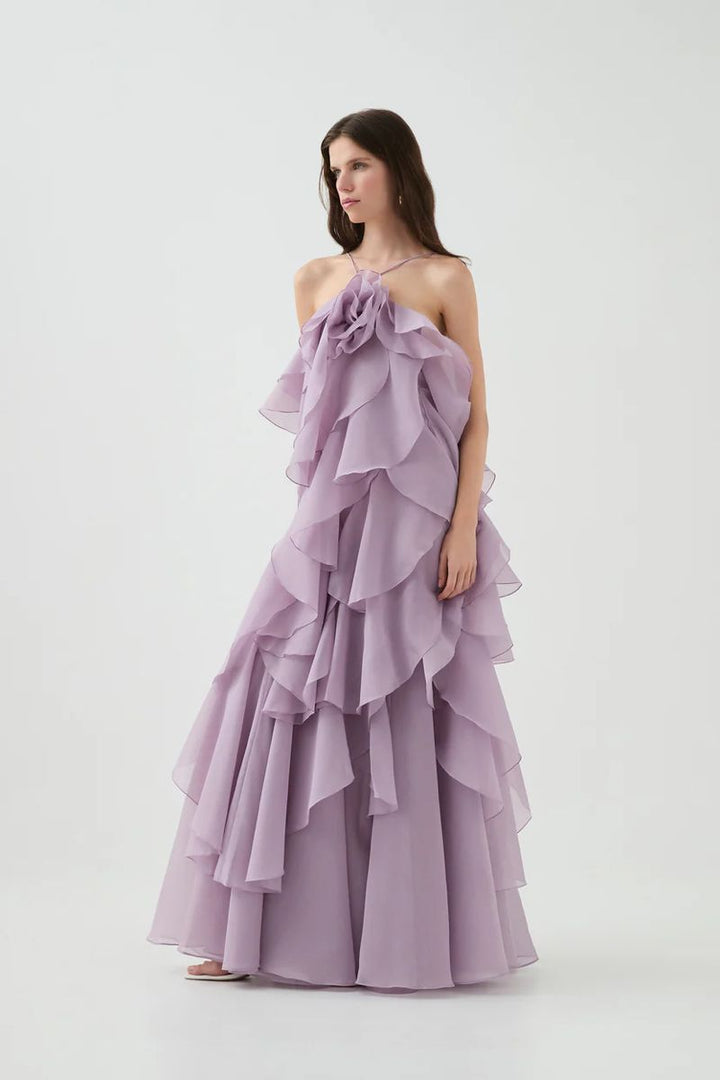 Damen Maxikleid mit Nackenträgern Blütenapplikation und mehrlagigen Volants
