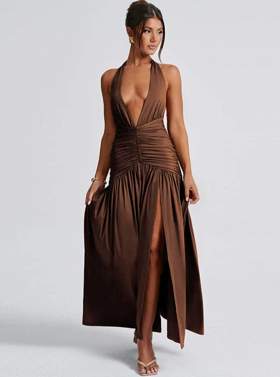 Damen Maxikleid mit Nackenträgern tiefem V-Ausschnitt offenem Rücken Raffung und seitlichem Schlitz