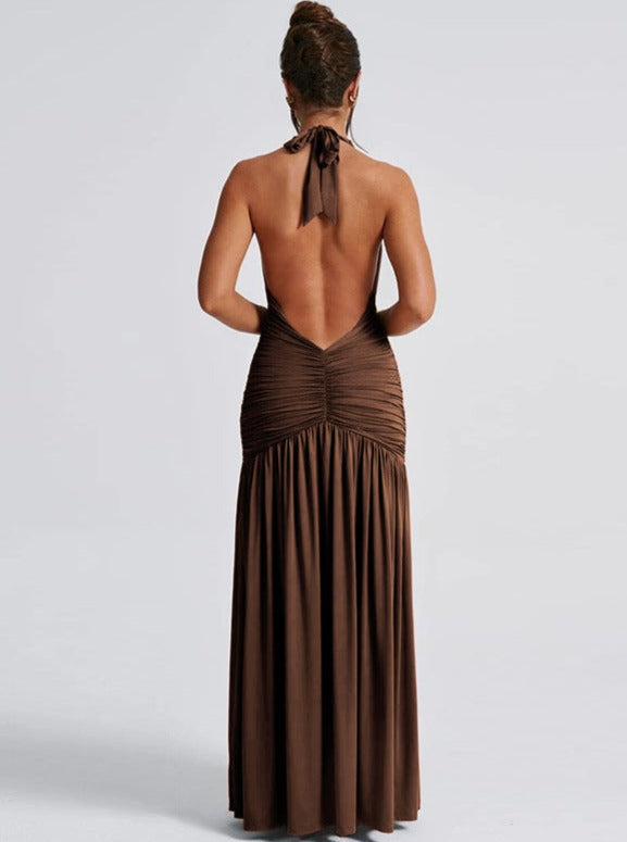 Damen Maxikleid mit Nackenträgern tiefem V-Ausschnitt offenem Rücken Raffung und seitlichem Schlitz