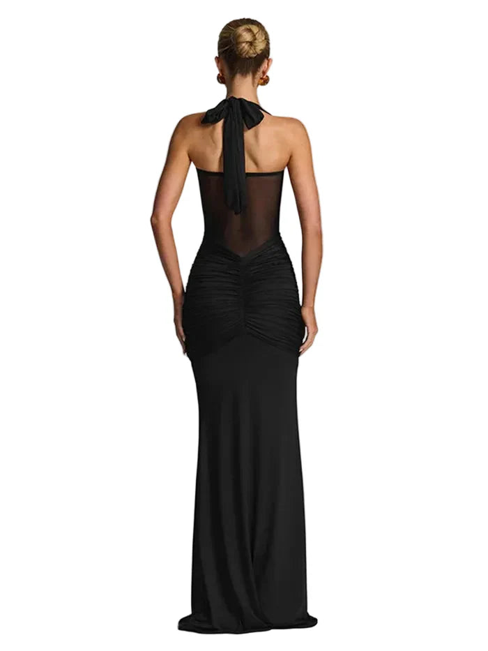 Damen Maxikleid mit Neckholder-Ausschnitt, Transparentem Einsatz und Drapiertem Rock-Maxi Dress-Alpenkind