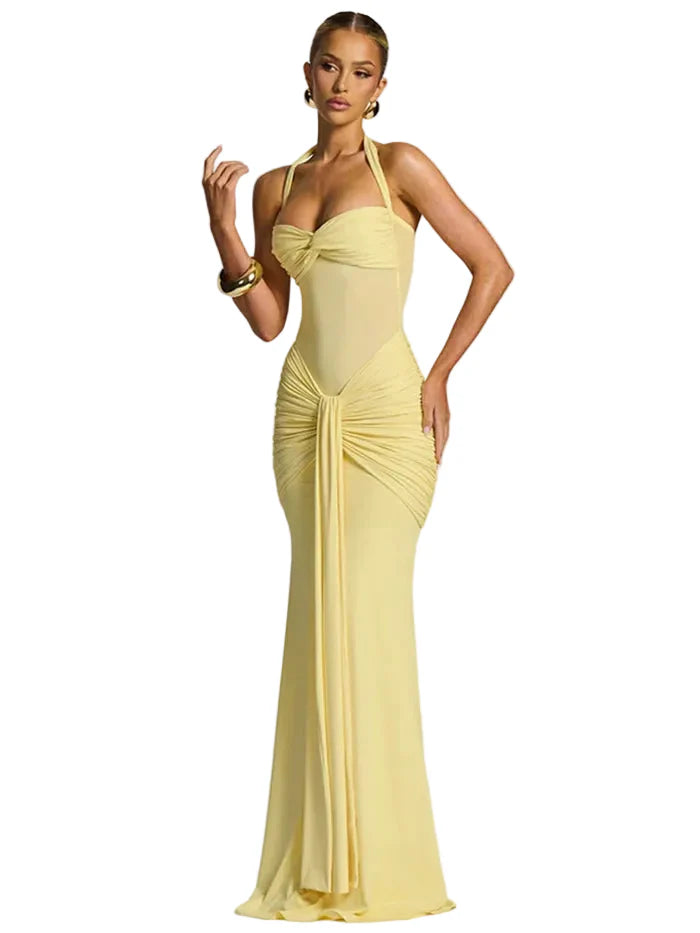 Damen Maxikleid mit Neckholder-Ausschnitt, Transparentem Einsatz und Drapiertem Rock-Maxi Dress-Alpenkind