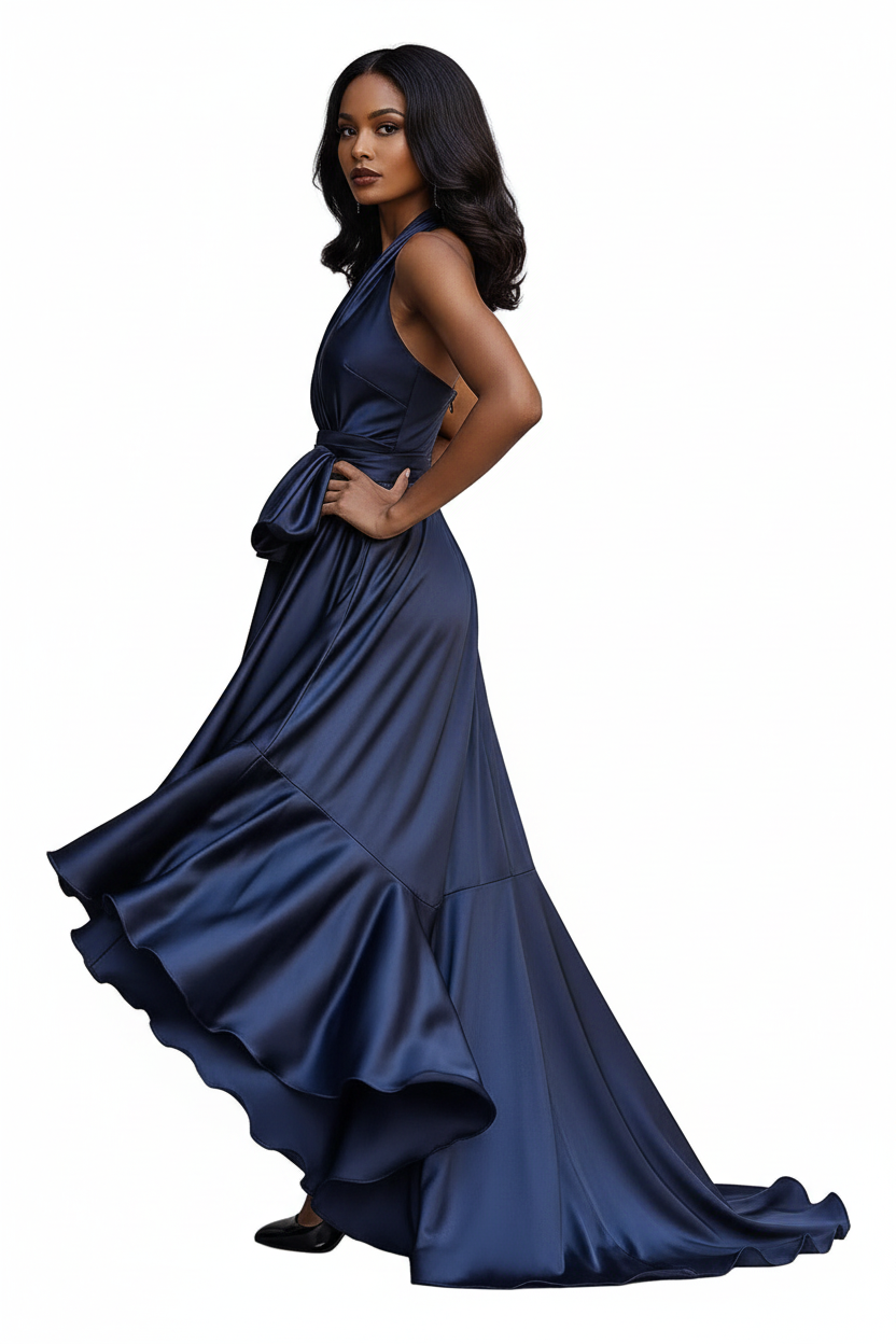 Damen Maxikleid mit Neckholder, Drapierung und High-Low-Saum-Maxi Dress-Alpenkind