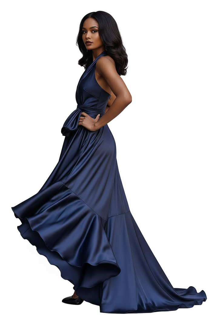 Damen Maxikleid mit Neckholder, Drapierung und High-Low-Saum-Maxi Dress-Alpenkind