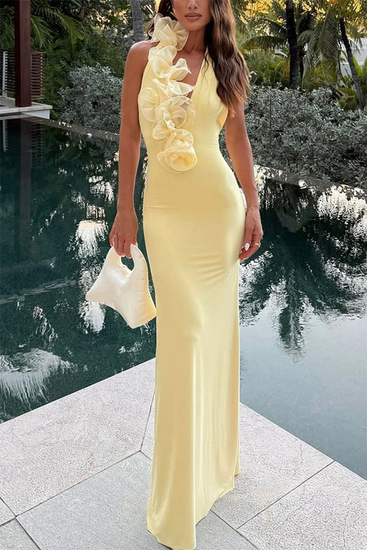 Damen Maxikleid mit Neckholder Träger und 3D-Blütenapplikationen