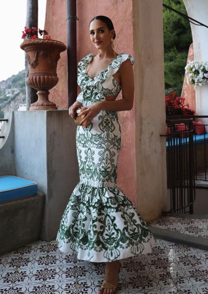 Damen Maxikleid mit Ornamentmuster V-Ausschnitt Rüschenträgern und offenem Rücken
