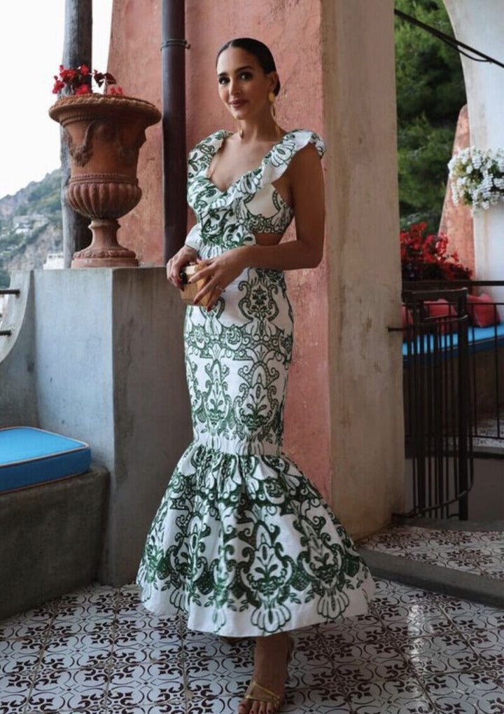 Damen Maxikleid mit Ornamentmuster V-Ausschnitt Rüschenträgern und offenem Rücken