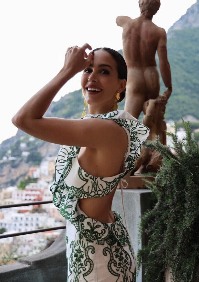 Damen Maxikleid mit Ornamentmuster V-Ausschnitt Rüschenträgern und offenem Rücken