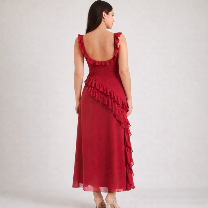 Damen Maxikleid mit Riemen und Rüschenbesatz-Maxi Dress-Alpenkind