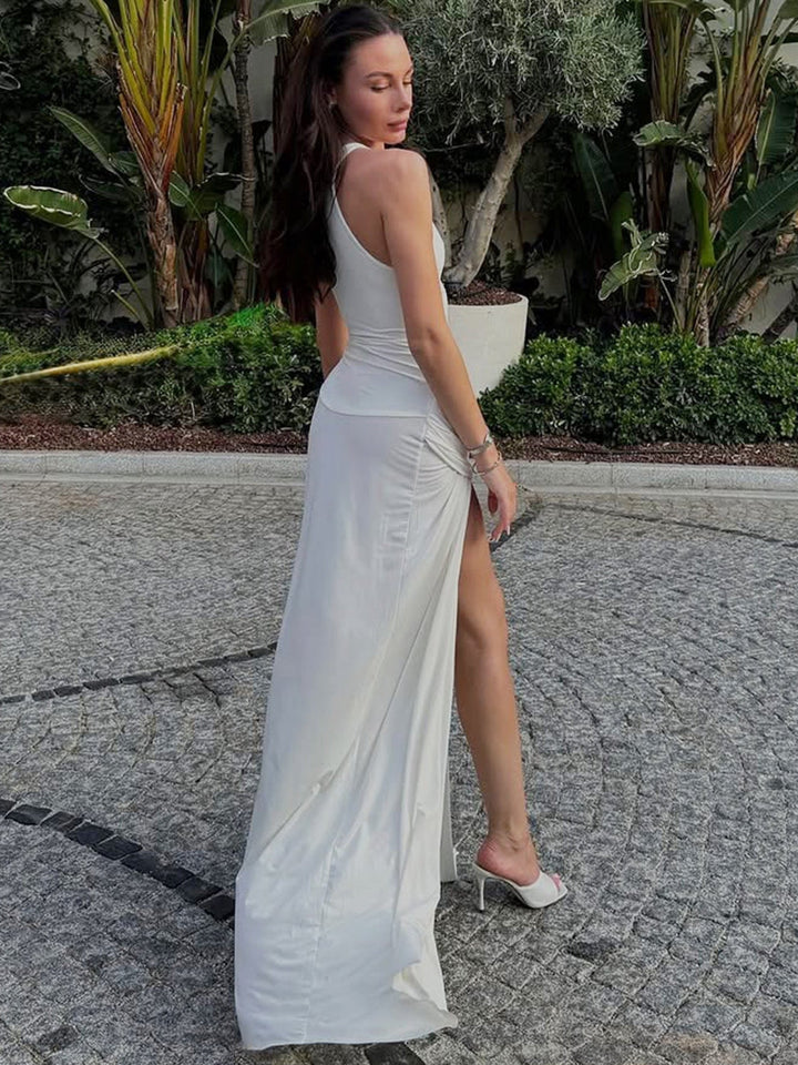 Damen Maxikleid mit Ringerrücken Trägern und seitlicher Raffung und vorderem Schlitz