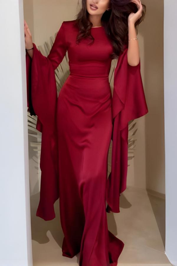 Damen Maxikleid mit Rundhalsausschnitt und Langen Volantärmeln