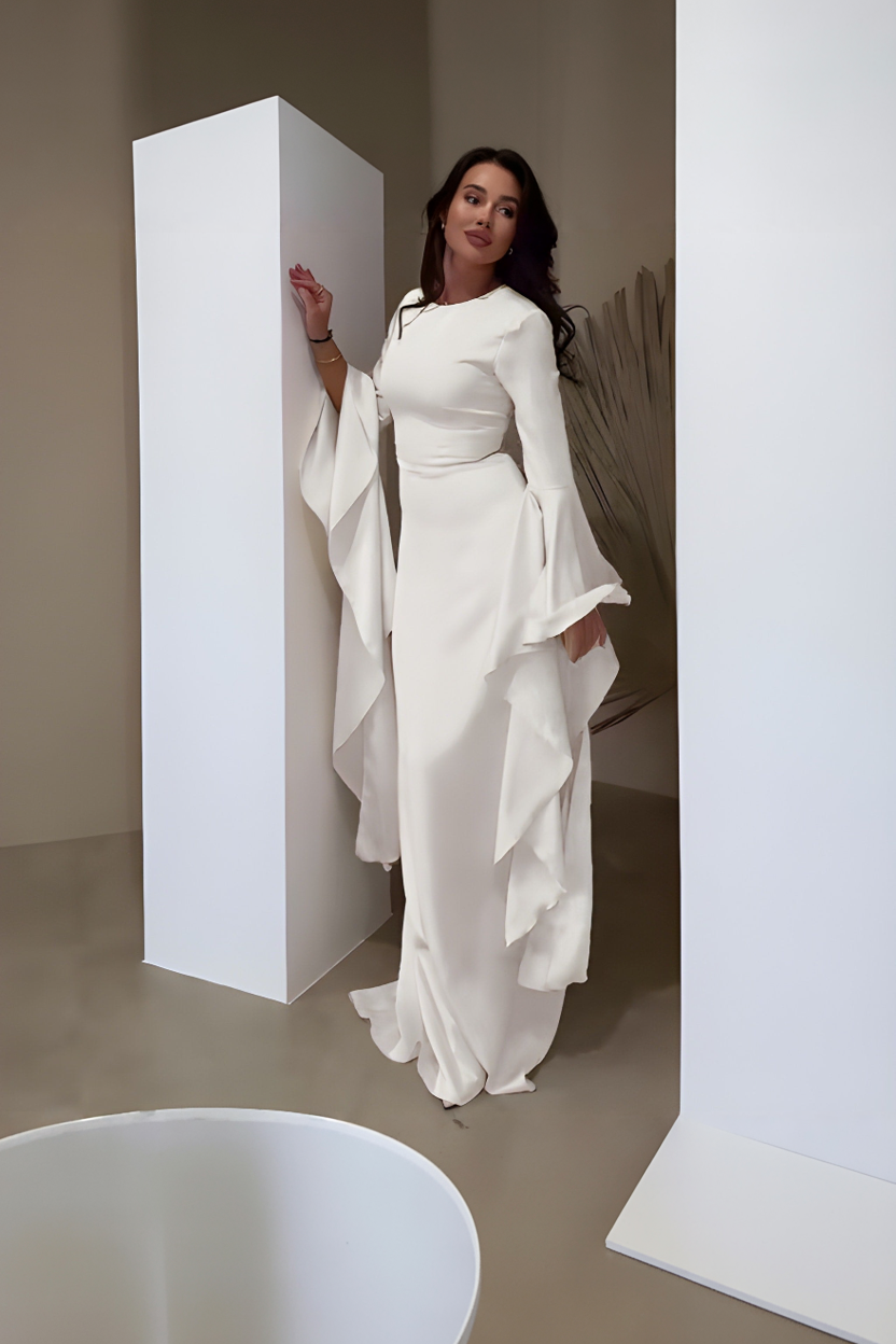 Damen Maxikleid mit Rundhalsausschnitt und Langen Volantärmeln