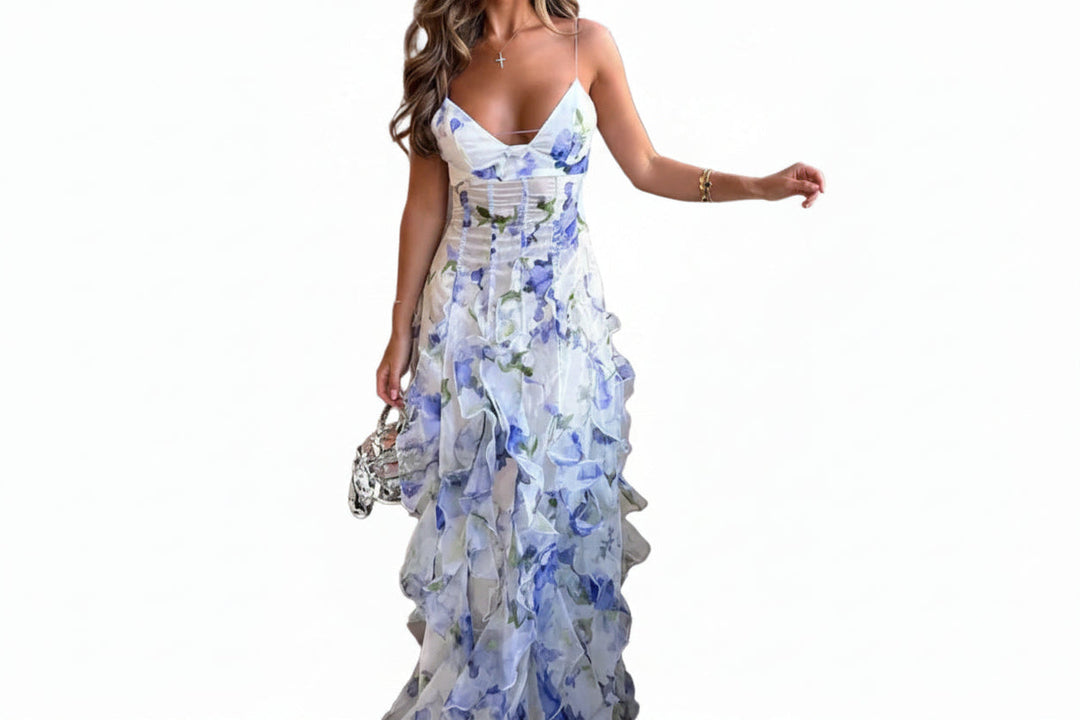 Damen Maxikleid mit schmalen Trägern, Blumenmuster und Rüschenrock-Maxi Dress-Alpenkind