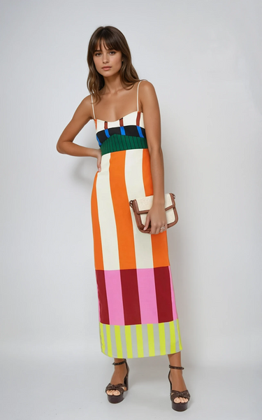 Damen Maxikleid mit schmalen Trägern und Colorblock-Design-Maxi Dress-Alpenkind