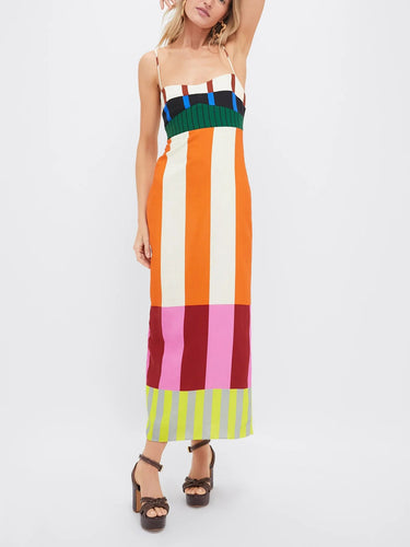 Damen Maxikleid mit schmalen Trägern und Colorblock-Design-Maxi Dress-Alpenkind
