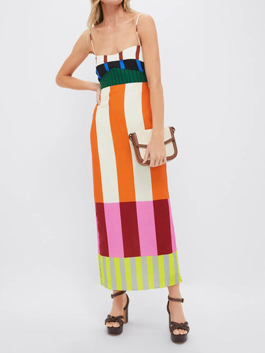 Damen Maxikleid mit schmalen Trägern und Colorblock-Design-Maxi Dress-Alpenkind