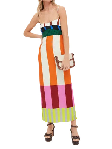Damen Maxikleid mit schmalen Trägern und Colorblock-Design-Maxi Dress-Alpenkind