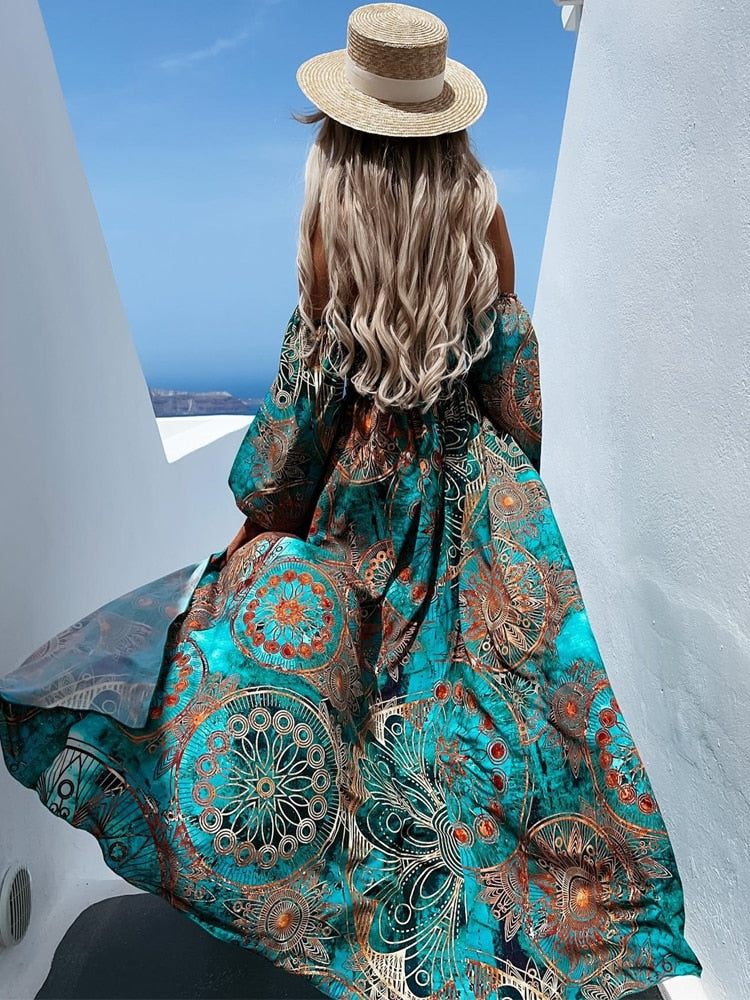 Damen Maxikleid mit schulterfreiem Ausschnitt und langen Ärmeln