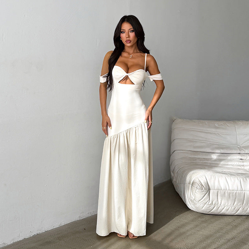 Damen Maxikleid mit schulterfreien Ärmelmanschetten und geknoteter Bustpartie und Öffnung