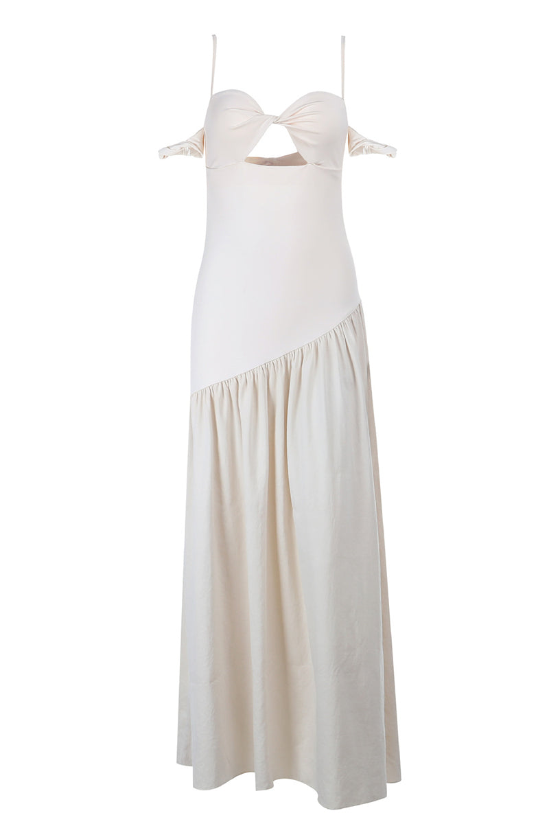 Damen Maxikleid mit schulterfreien Ärmelmanschetten und geknoteter Bustpartie und Öffnung