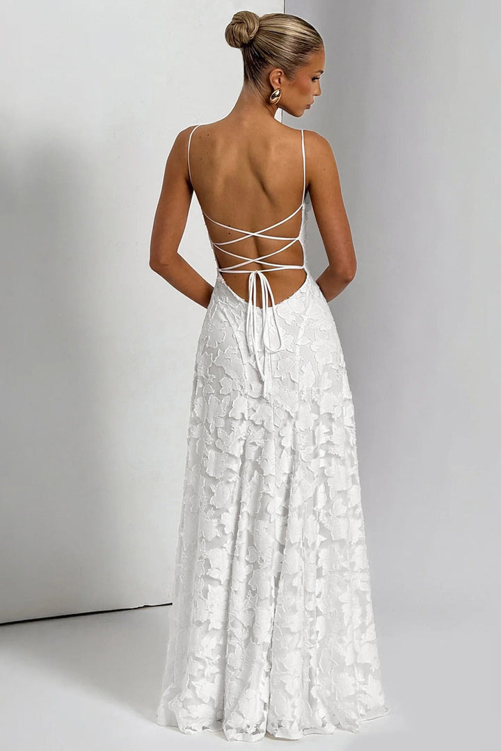 Damen Maxikleid mit Spaghettiträgern Drapiertem Ausschnitt Schnürung am Rücken und Floralen Applikationen