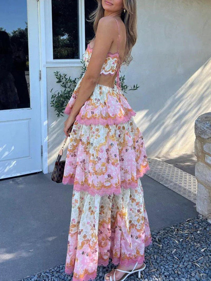 Damen Maxikleid mit Spaghettiträgern Schnürung am Rücken und Stufenrock im Blumenmuster