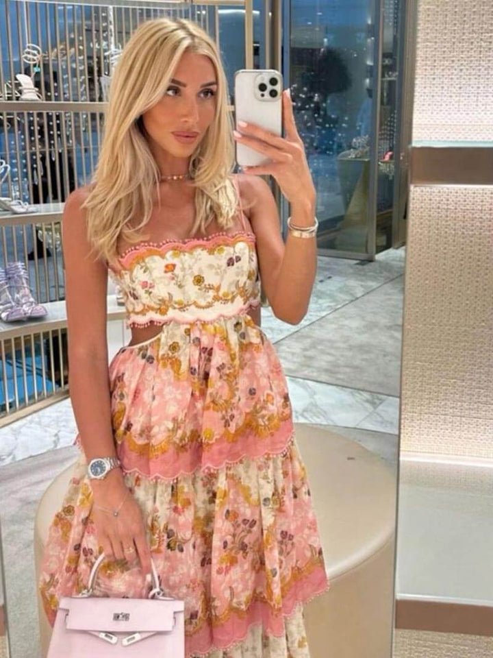 Damen Maxikleid mit Spaghettiträgern Schnürung am Rücken und Stufenrock im Blumenmuster