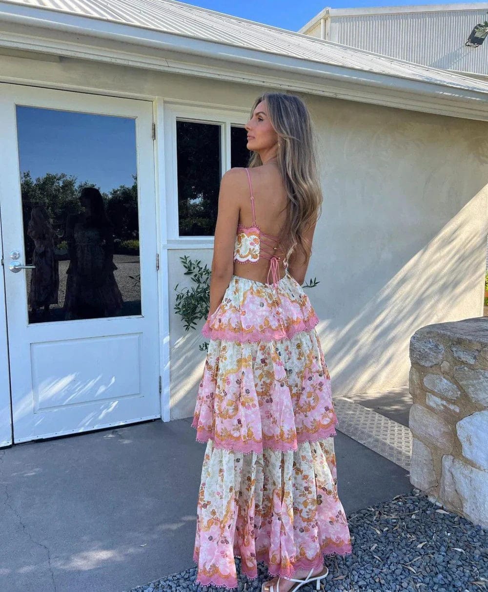 Damen Maxikleid mit Spaghettiträgern Schnürung am Rücken und Stufenrock im Blumenmuster