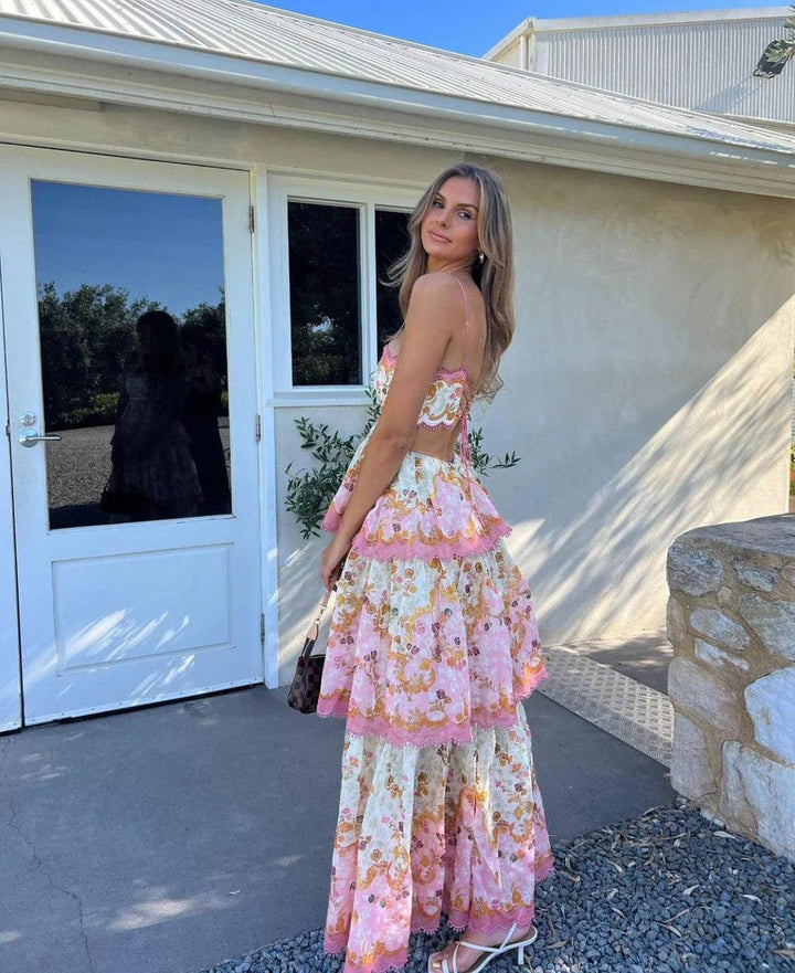 Damen Maxikleid mit Spaghettiträgern Schnürung am Rücken und Stufenrock im Blumenmuster