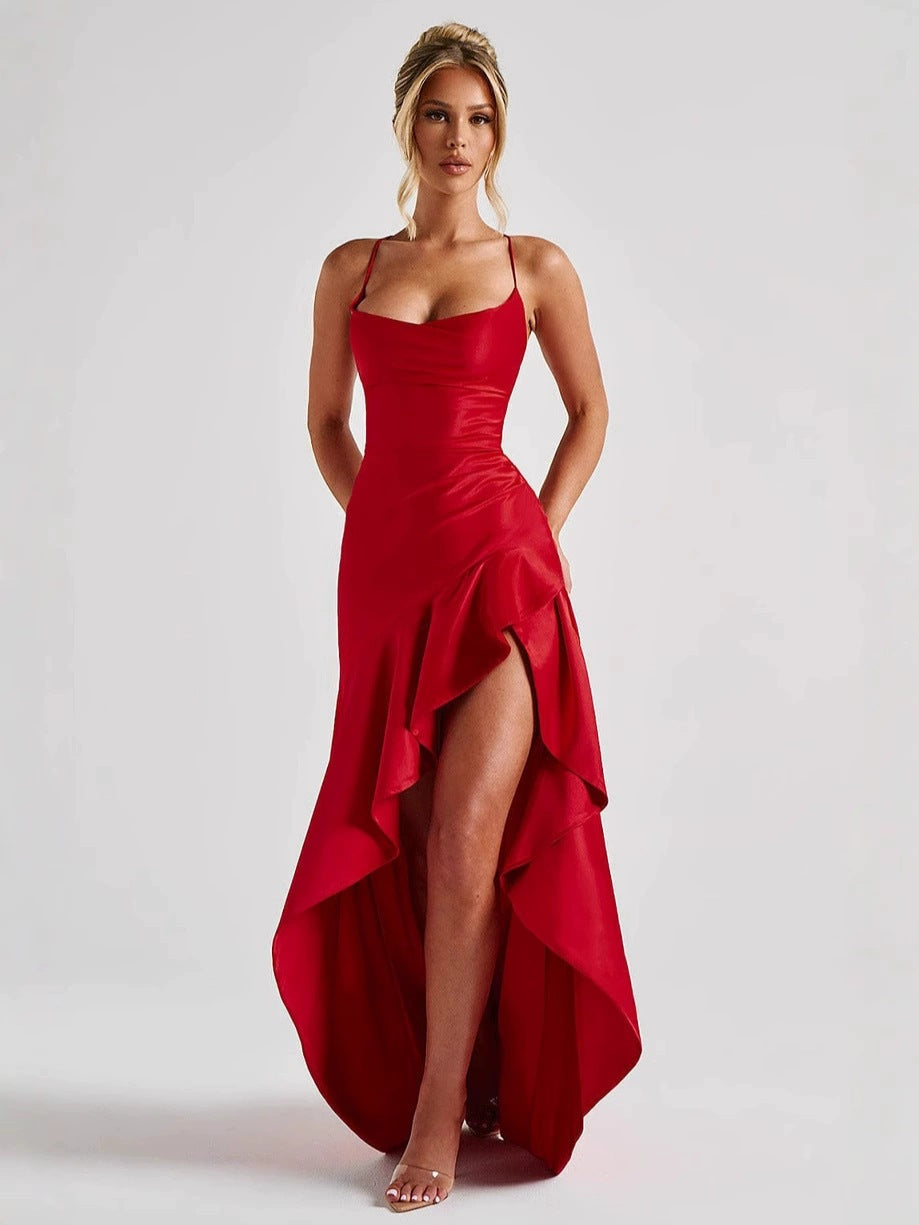 Damen Maxikleid mit Spaghettiträgern und Asymmetrischem Saum