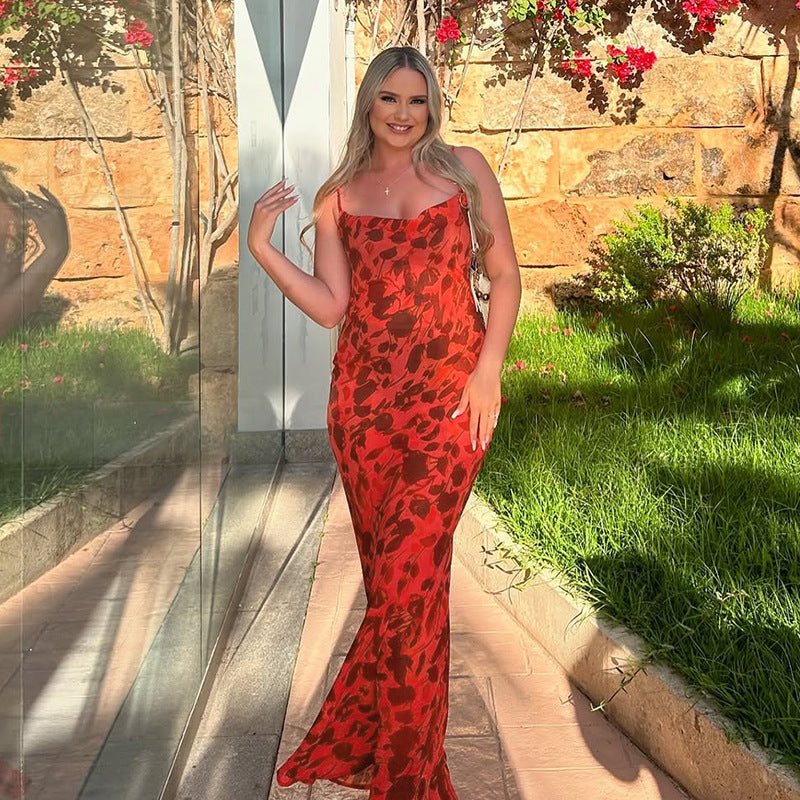 Damen Maxikleid mit Spaghettiträgern und Blumenmuster