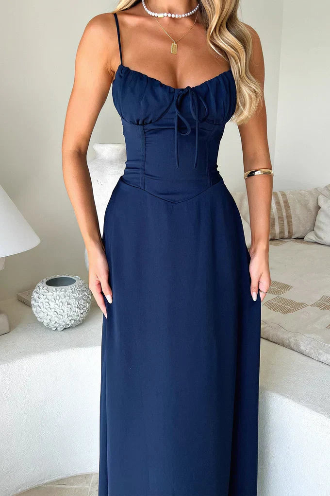 Damen Maxikleid mit Spaghettiträgern und Gerafftem Ausschnitt mit Bindeschleife