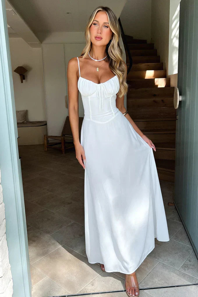 Damen Maxikleid mit Spaghettiträgern und Gerafftem Ausschnitt mit Bindeschleife