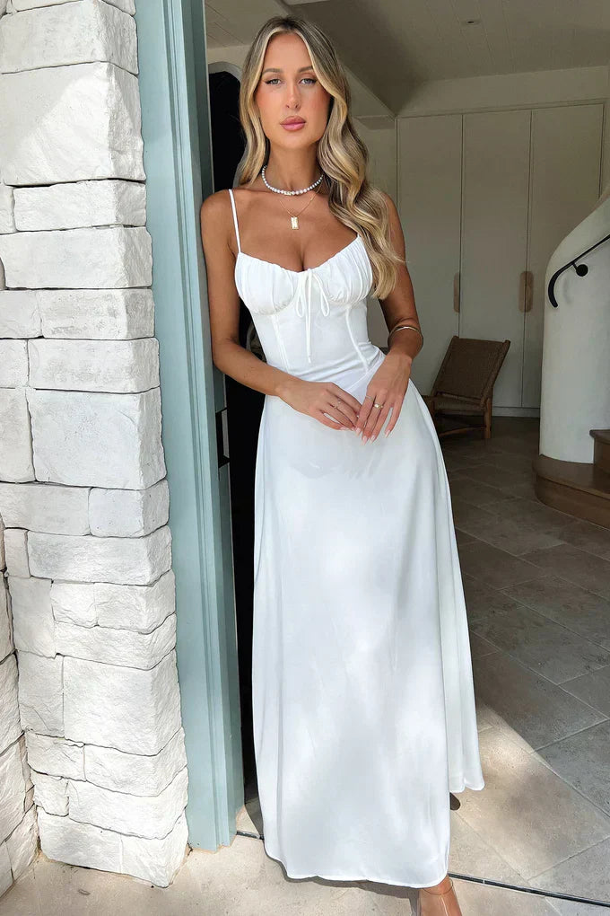 Damen Maxikleid mit Spaghettiträgern und Gerafftem Ausschnitt mit Bindeschleife