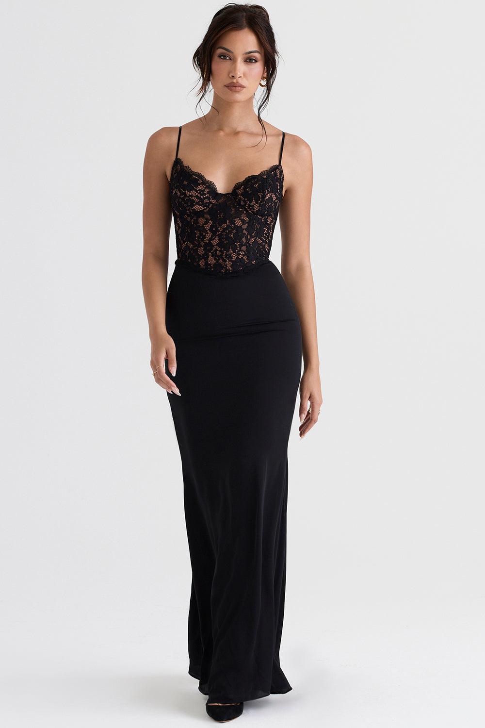 Damen Maxikleid mit Spaghettiträgern und halbtransparentem Spitzenoberteil mit Herzausschnitt