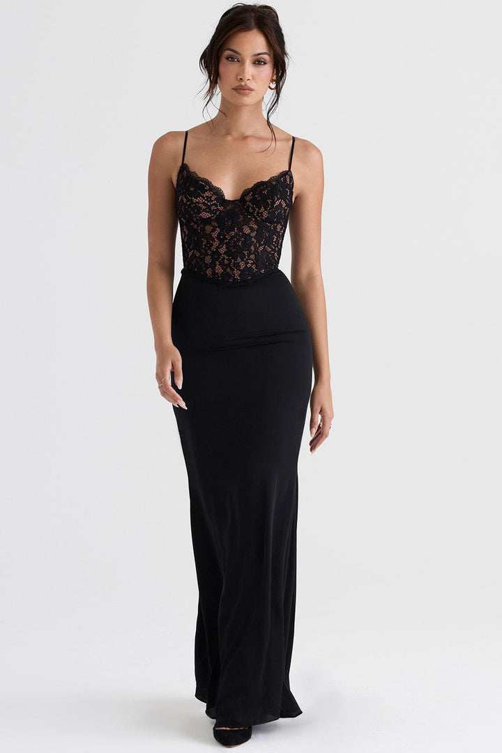Damen Maxikleid mit Spaghettiträgern und halbtransparentem Spitzenoberteil mit Herzausschnitt