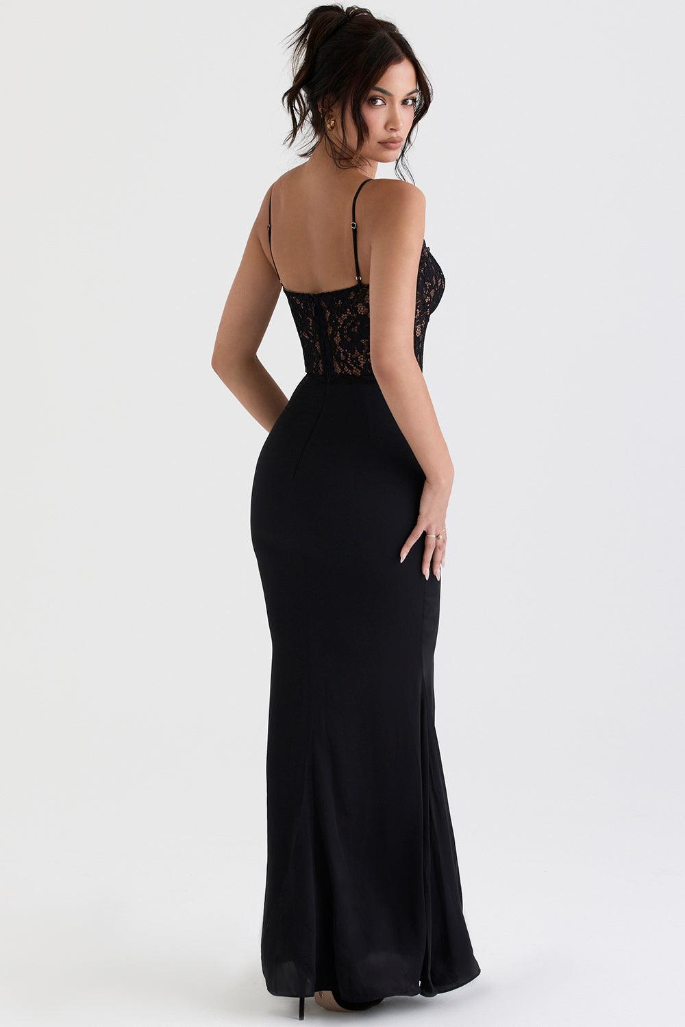 Damen Maxikleid mit Spaghettiträgern und halbtransparentem Spitzenoberteil mit Herzausschnitt