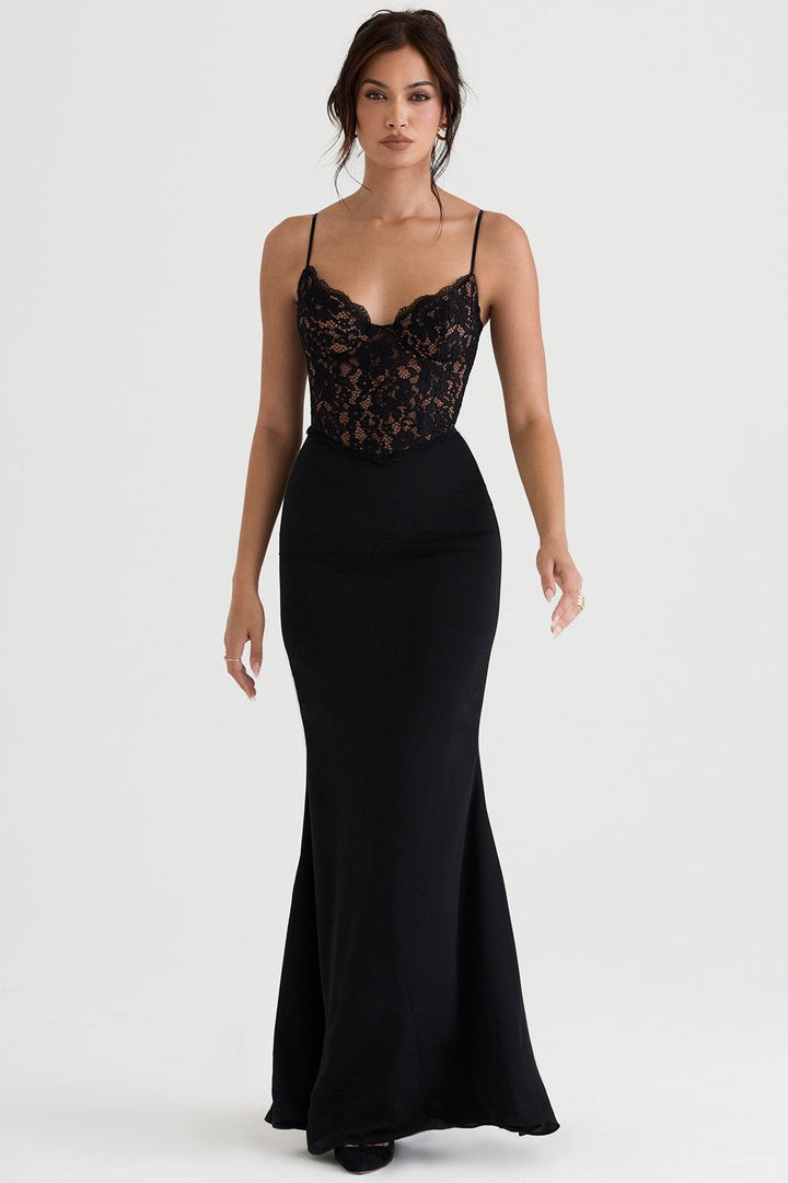 Damen Maxikleid mit Spaghettiträgern und halbtransparentem Spitzenoberteil mit Herzausschnitt