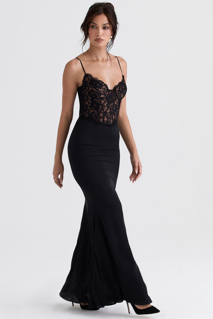 Damen Maxikleid mit Spaghettiträgern und halbtransparentem Spitzenoberteil mit Herzausschnitt