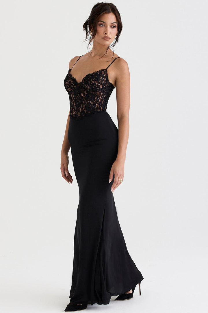 Damen Maxikleid mit Spaghettiträgern und halbtransparentem Spitzenoberteil mit Herzausschnitt