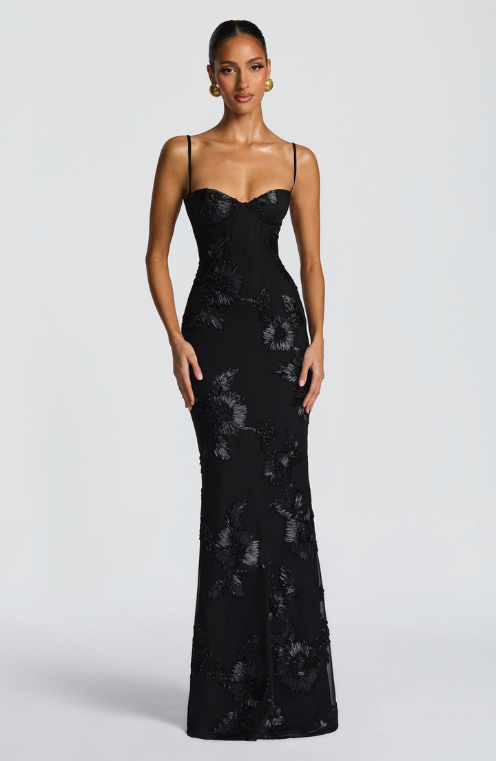 Damen Maxikleid mit Spaghettiträgern und Herzausschnitt mit erhabenen floralen Applikationen