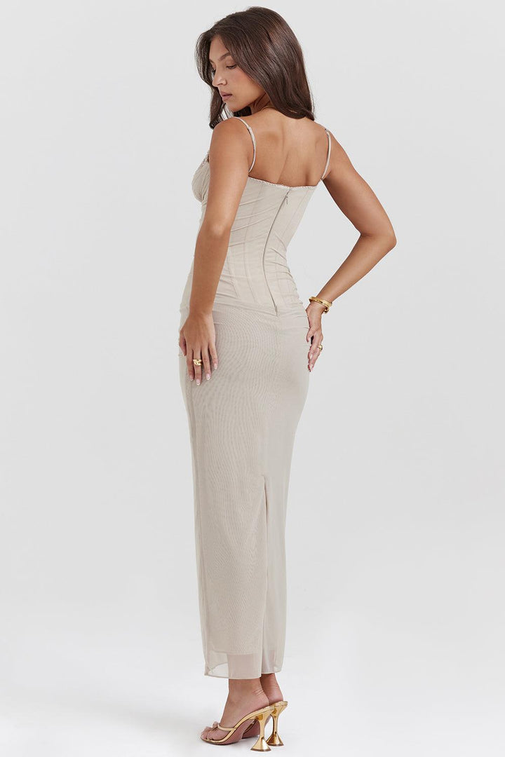 Damen Maxikleid mit Spaghettiträgern und Spitzenbesatz mit gerafftem Oberteil