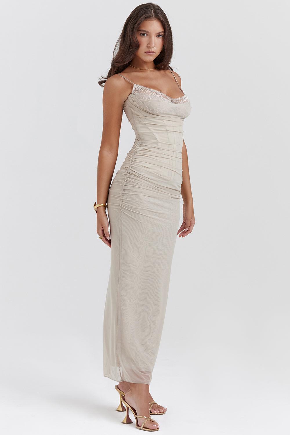 Damen Maxikleid mit Spaghettiträgern und Spitzenbesatz mit gerafftem Oberteil